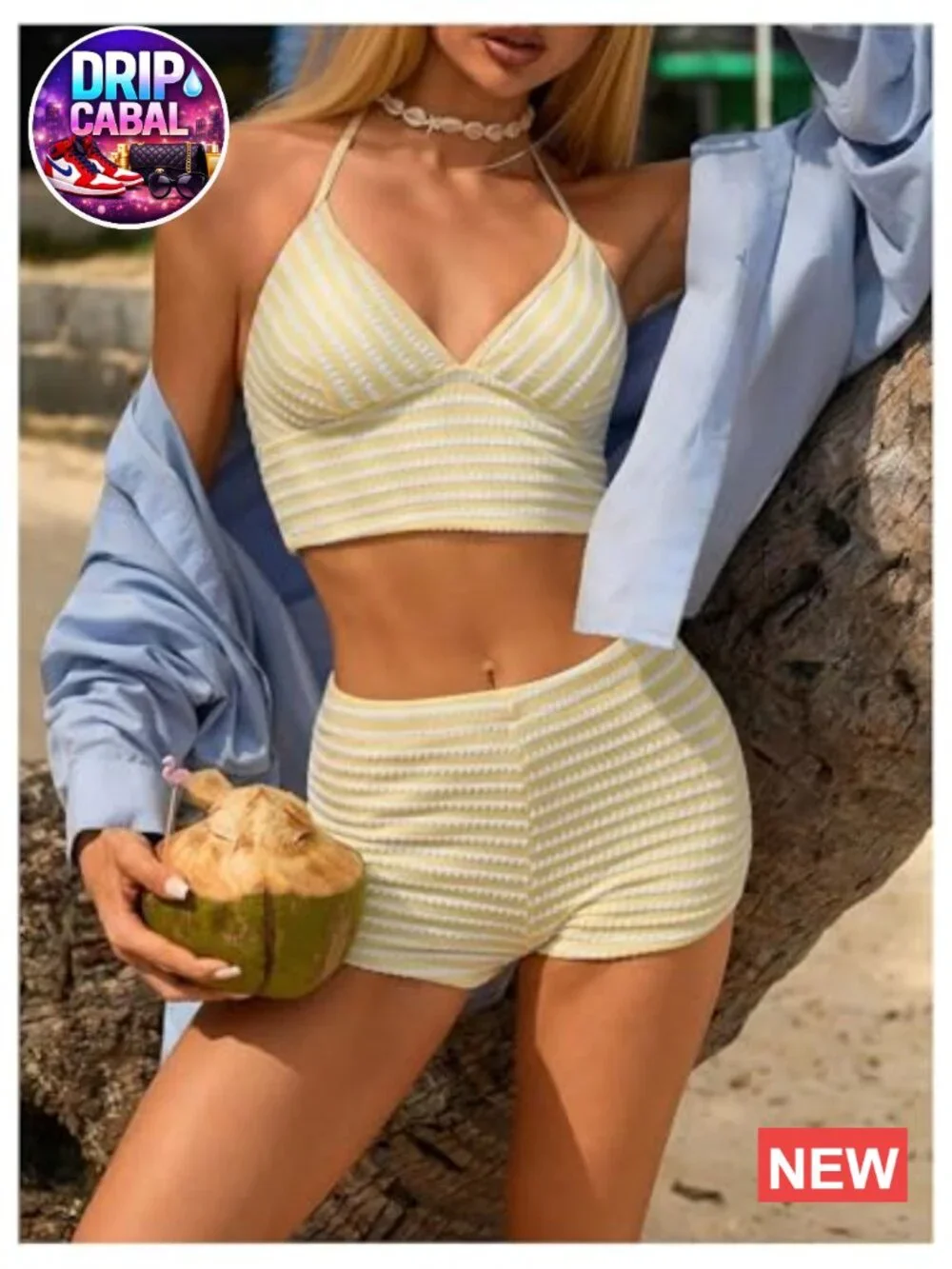 2 Piece Tankini Swimsuit Set with Boyshort Bottoms Halter Top Striped Print